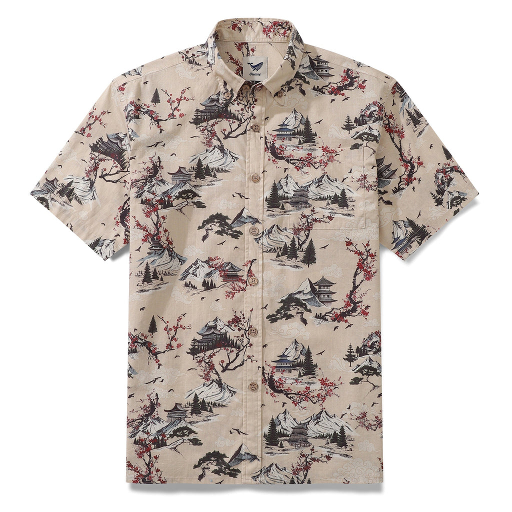 Men's button-down Hawaiian shirt featuring a plum blossom branch print with red floral details.