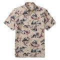 Men's button-down Hawaiian shirt featuring a plum blossom branch print with red floral details.