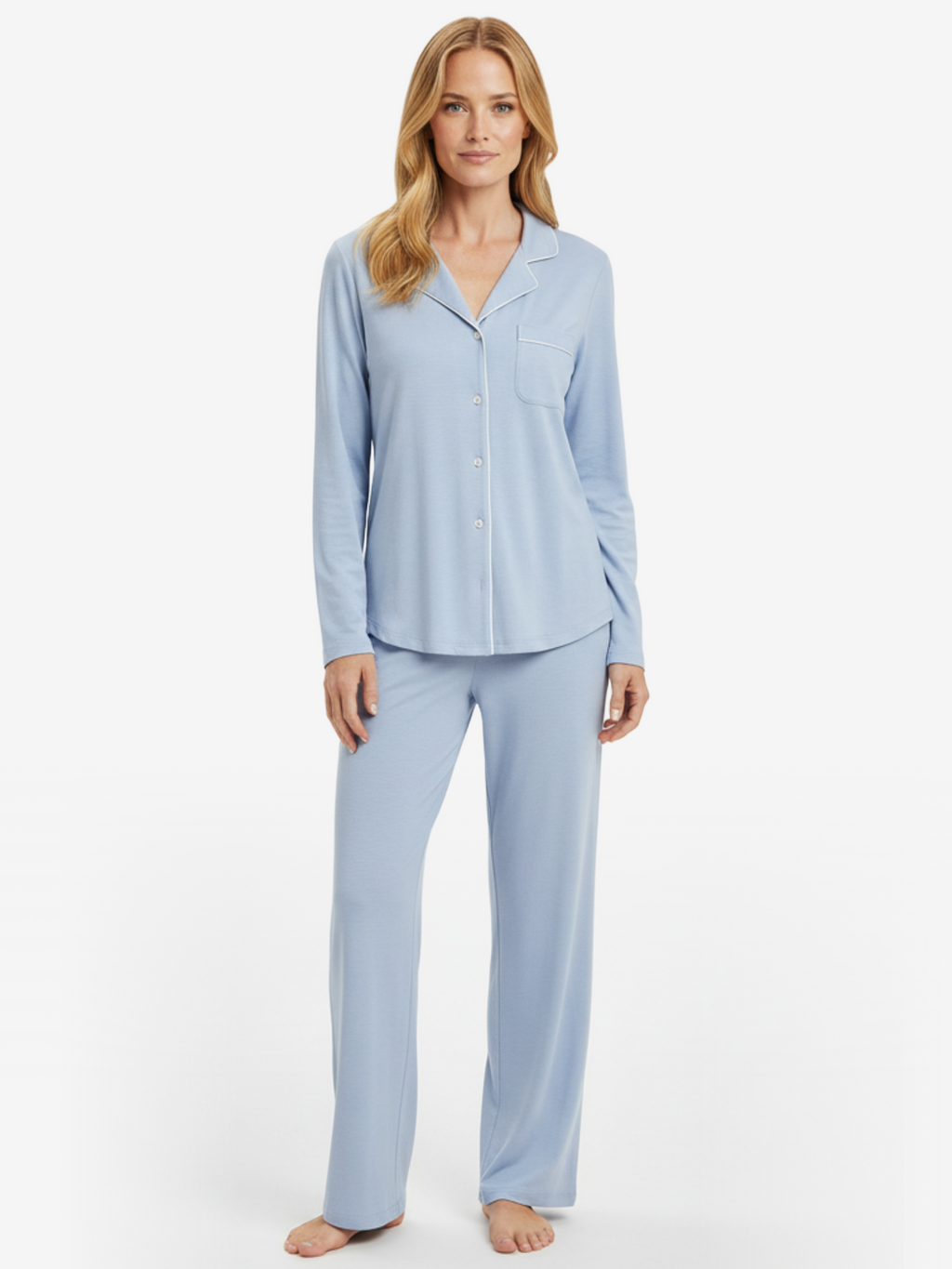 A pair of light blue, soft-fabric lounge pajama pants featuring an elastic waistband and white drawstring tie.
