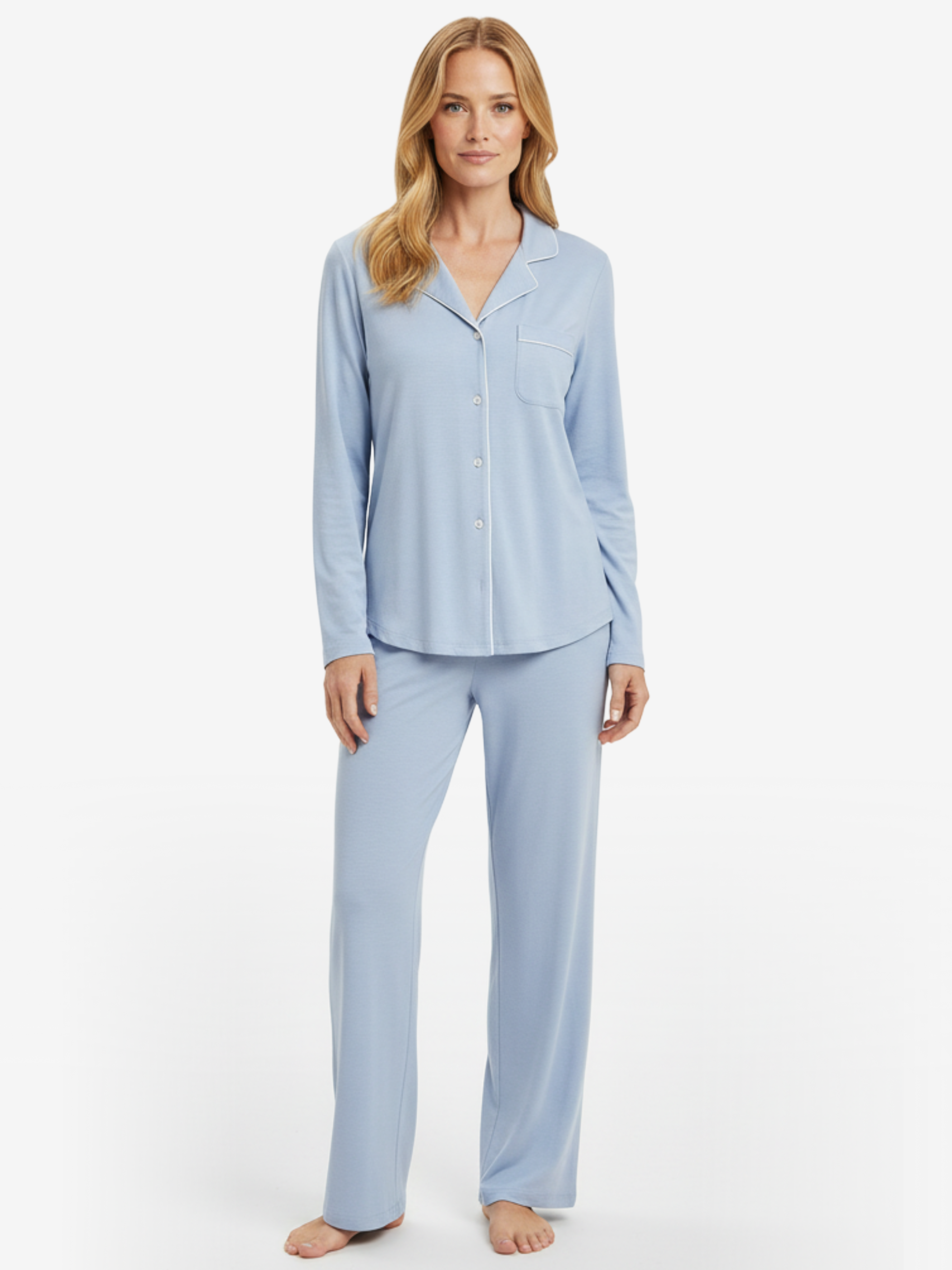 A pair of light blue, soft-fabric lounge pajama pants featuring an elastic waistband and white drawstring tie.