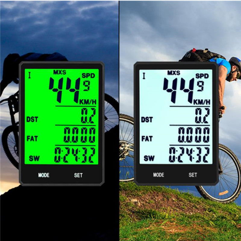 Stevvex wireless waterproof bicycle computer with LCD backlight display mounted on handlebars