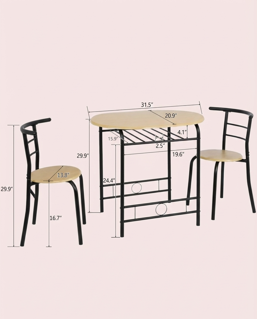 3-Piece Minimalist Dining Set with Wood Table and Metal Chairs