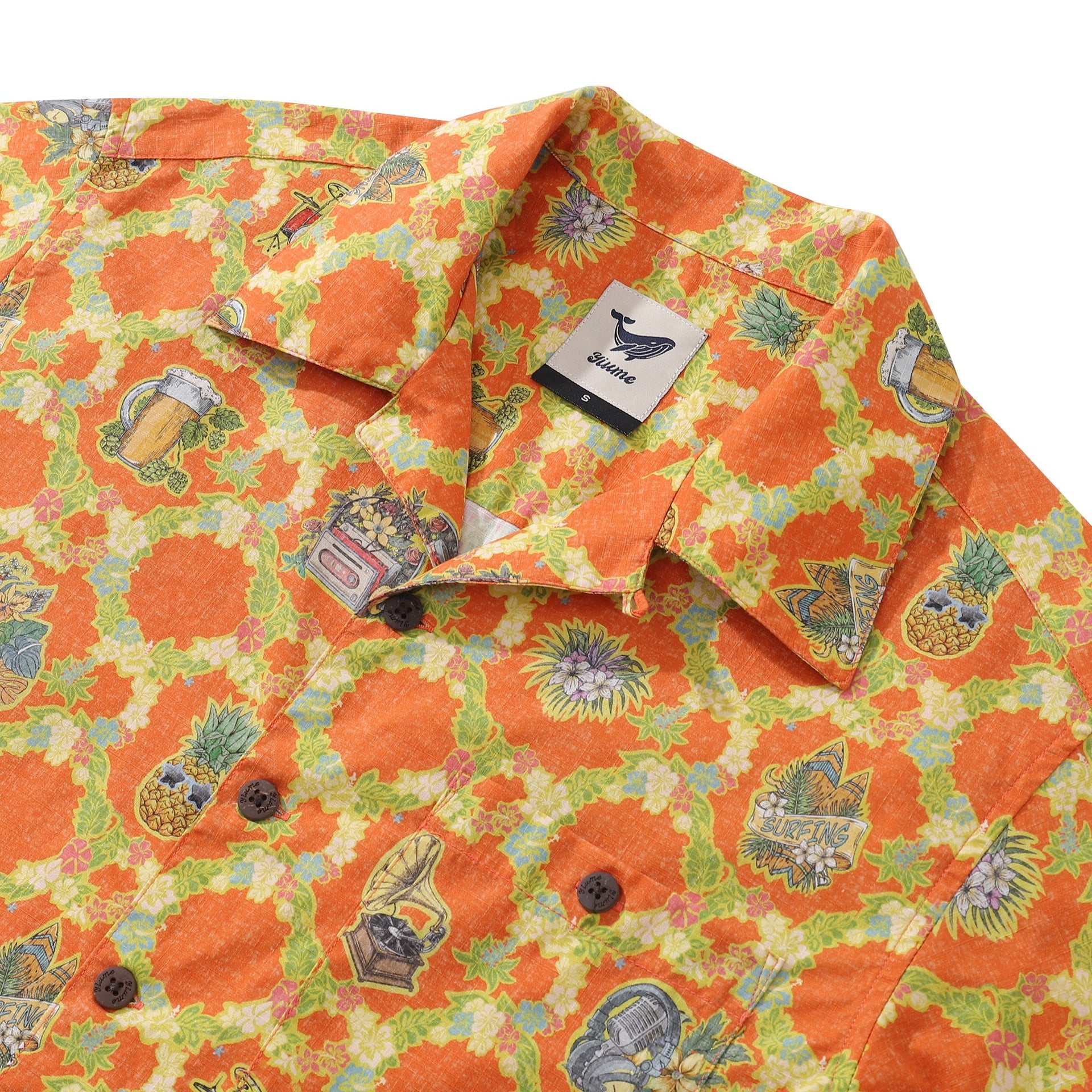 Vintage Tropical Hawaiian Shirt: Music Print Relaxed Fit Cotton