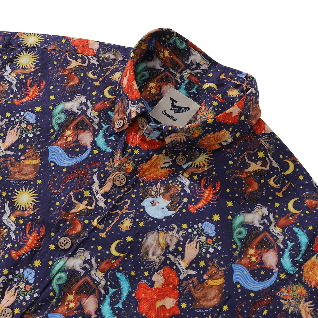 Men's Zodiac Embrace the Seasons Cotton Aloha Shirt Navy Blue