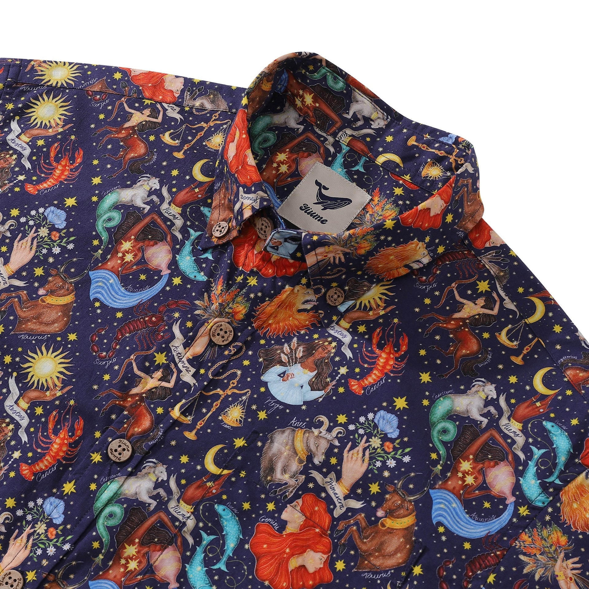 Men's Zodiac Embrace the Seasons Cotton Aloha Shirt Navy Blue