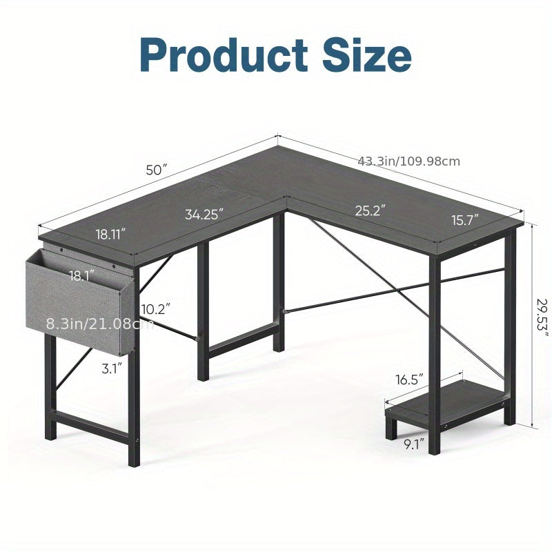 L-Shaped Corner Computer Desk with Storage Pocket Industrial Wood
