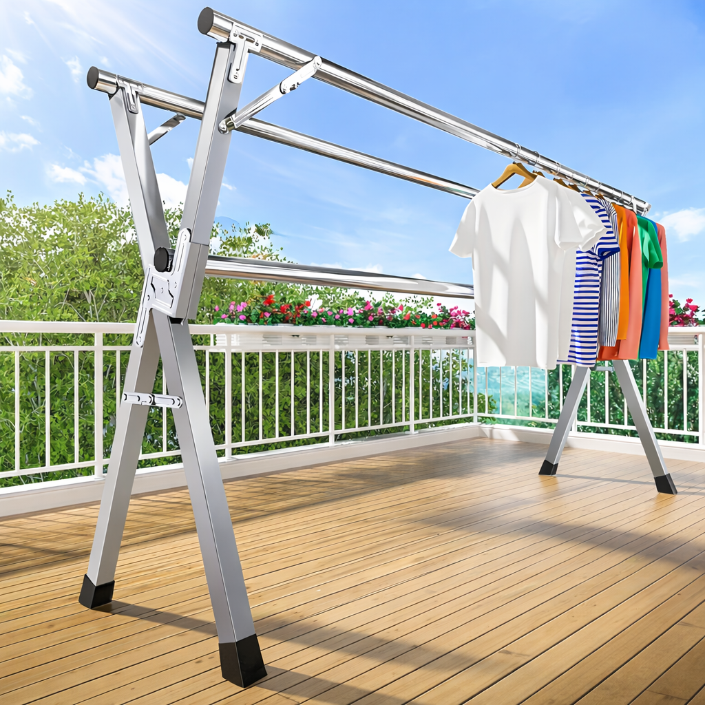 Extendable stainless steel folding laundry rack extended to full length for drying clothes