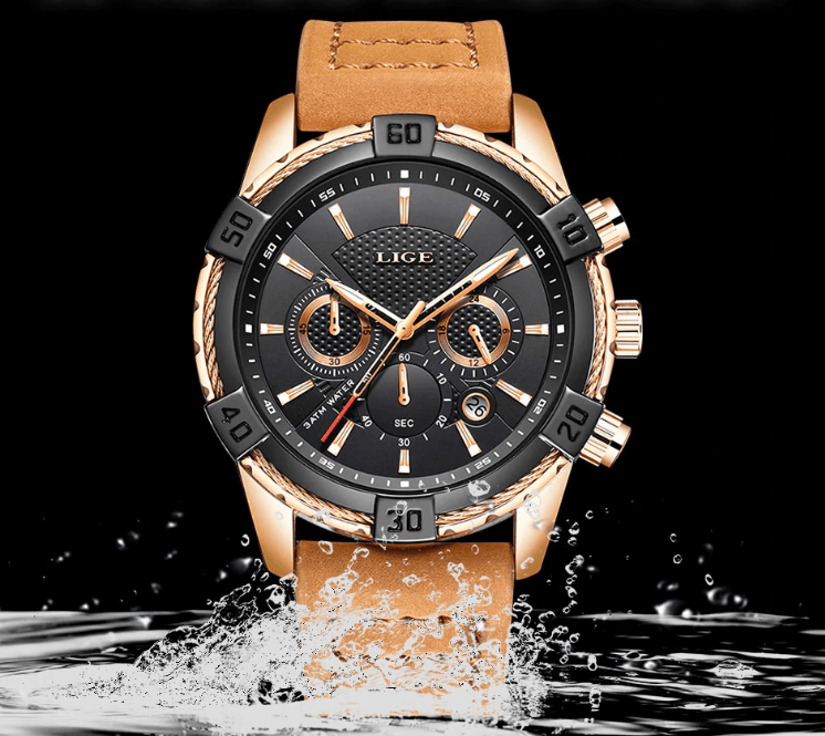 Waterproof Men's Chronograph Watch with Gold Accents and Date