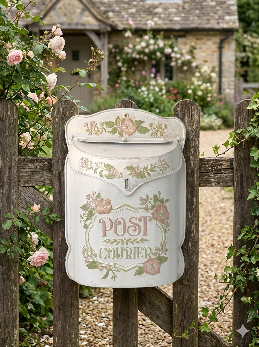 Vintage farmhouse metal mailbox with floral pattern mounted on a wall