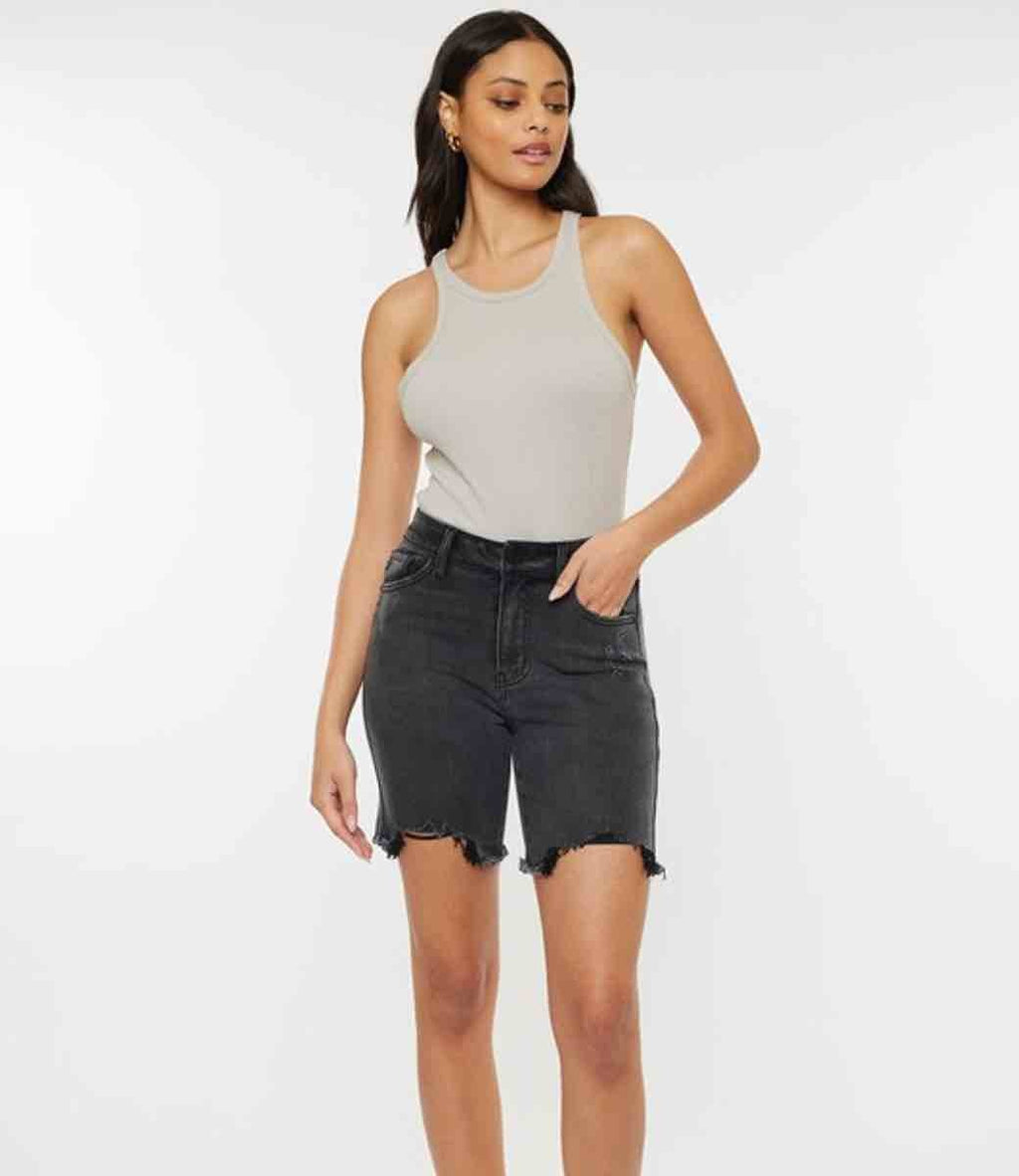 Dolly High Rise Bermuda Shorts in washed-black denim featuring high waist and five-pocket design