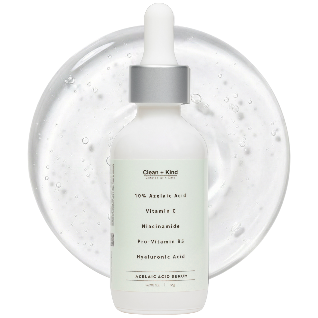 Bottle of 10% Azelaic Acid Face Serum by Clean + Kind with dropper top against a backdrop of clear serum texture.