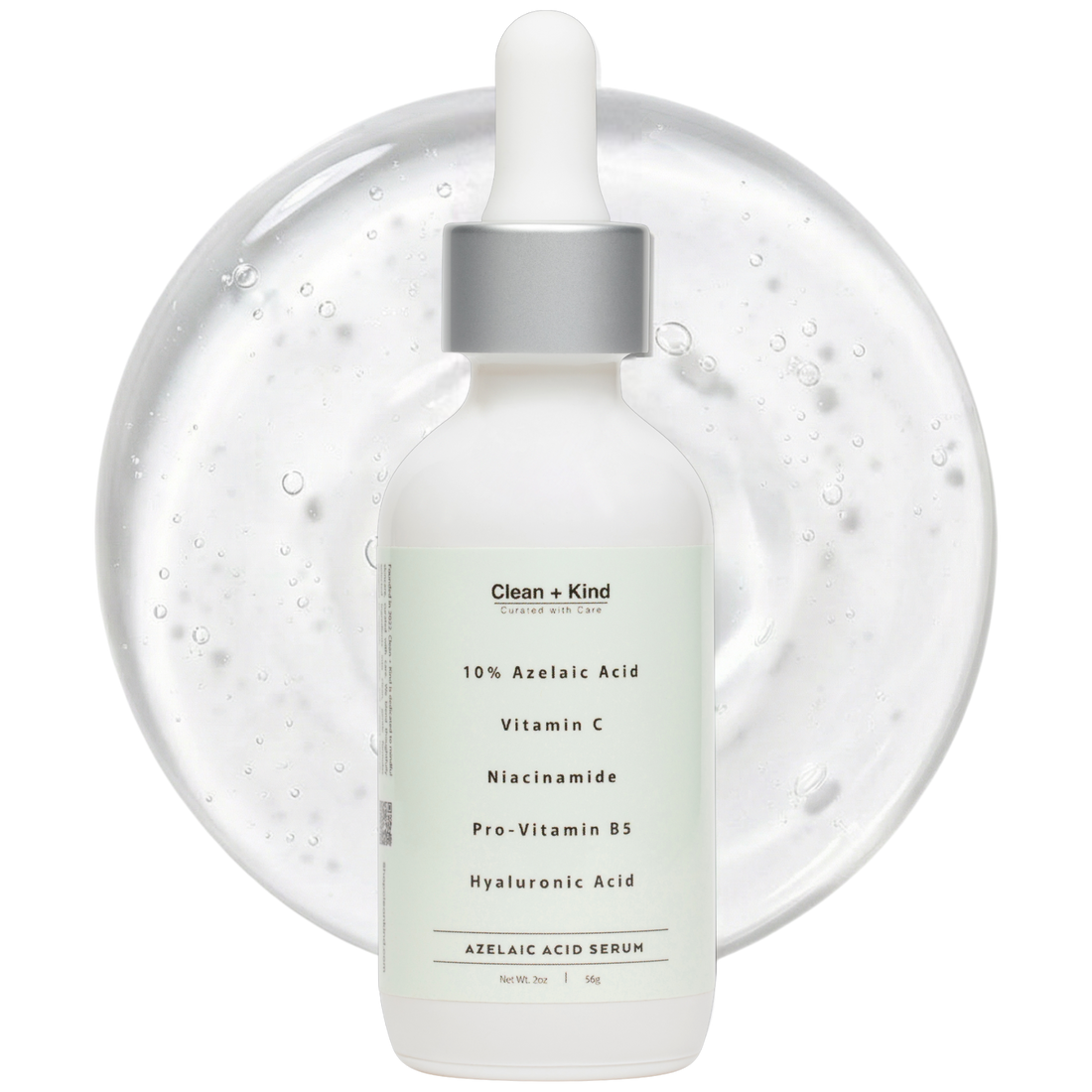 Bottle of 10% Azelaic Acid Face Serum by Clean + Kind with dropper top against a backdrop of clear serum texture.