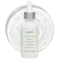 Bottle of 10% Azelaic Acid Face Serum by Clean + Kind with dropper top against a backdrop of clear serum texture.
