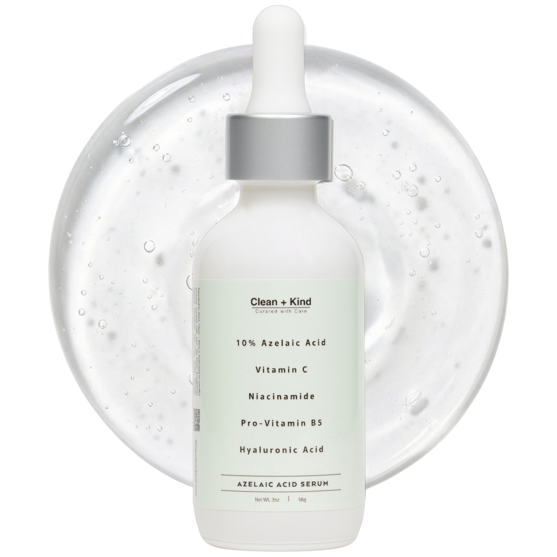Bottle of 10% Azelaic Acid Face Serum by Clean + Kind with dropper top against a backdrop of clear serum texture.