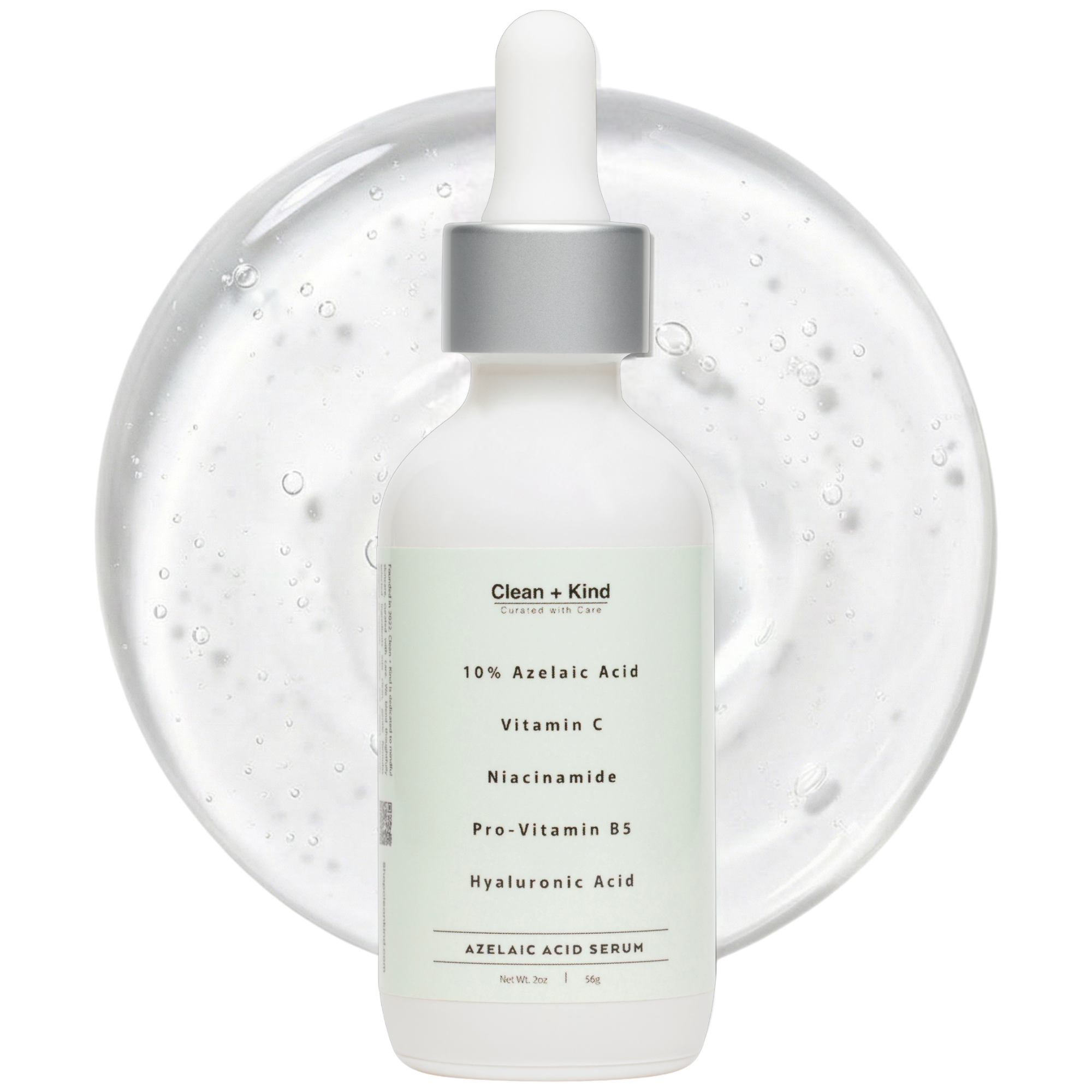 Bottle of 10% Azelaic Acid Face Serum by Clean + Kind with dropper top against a backdrop of clear serum texture.