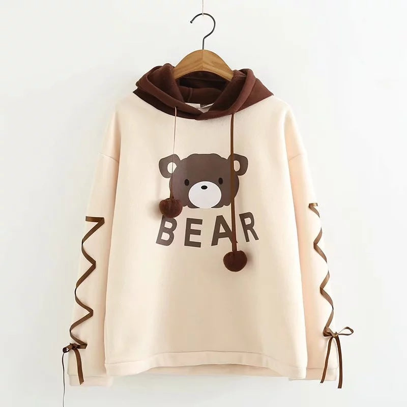 Cute Bear Ear Hoodie with Ribbon Detail Long Sleeve Pullover