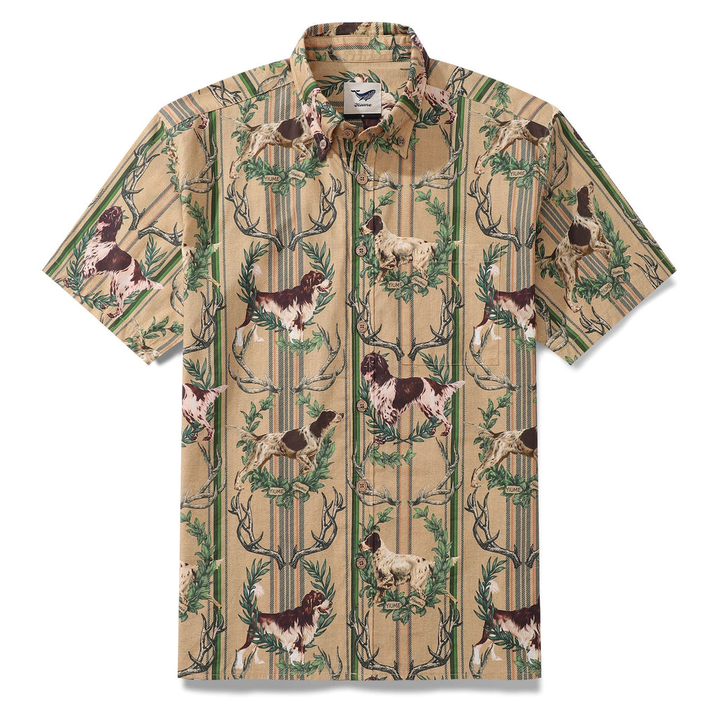 Men wearing a vintage style dog print Hawaiian shirt in tan, brown, and green colors.