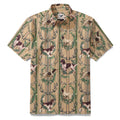Men wearing a vintage style dog print Hawaiian shirt in tan, brown, and green colors.