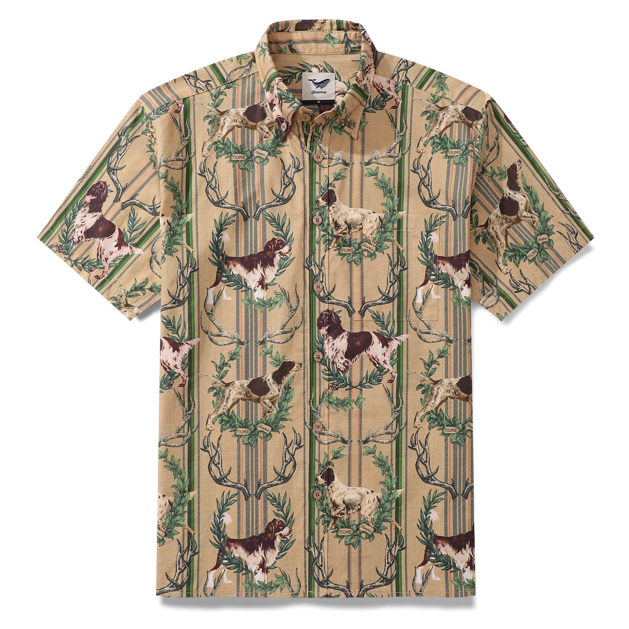 Men wearing a vintage style dog print Hawaiian shirt in tan, brown, and green colors.