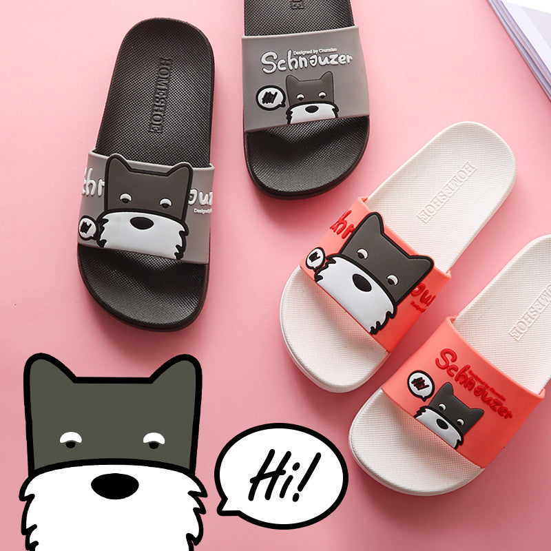 Kids' playful Schnauzer-themed beach slides in pink, gray, blue, and yellow