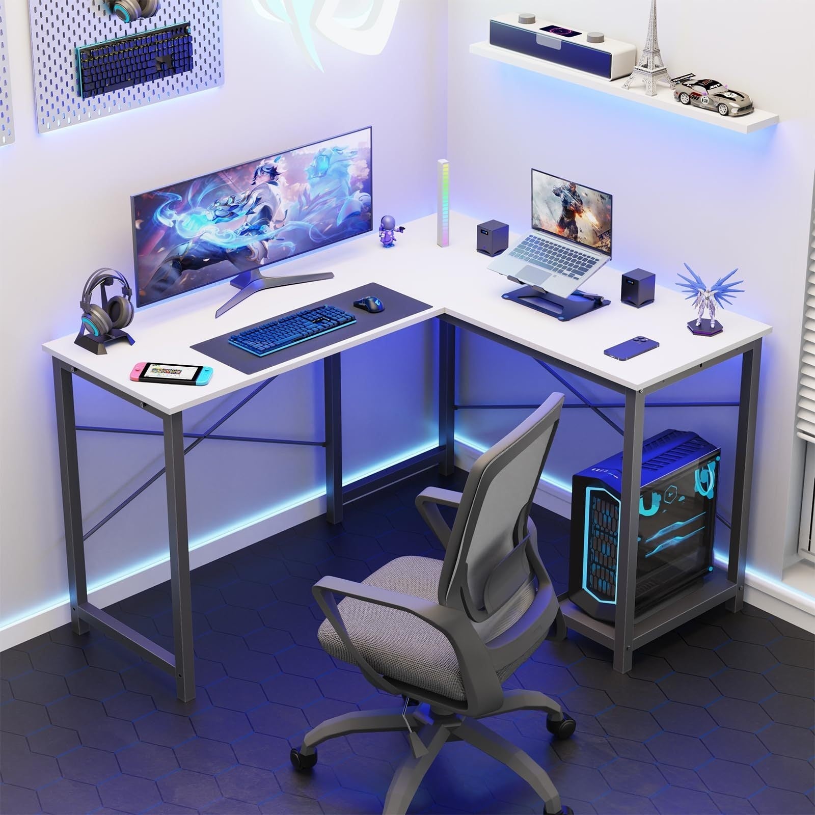 L-Shaped Corner Computer Desk with Storage Pocket Industrial Wood