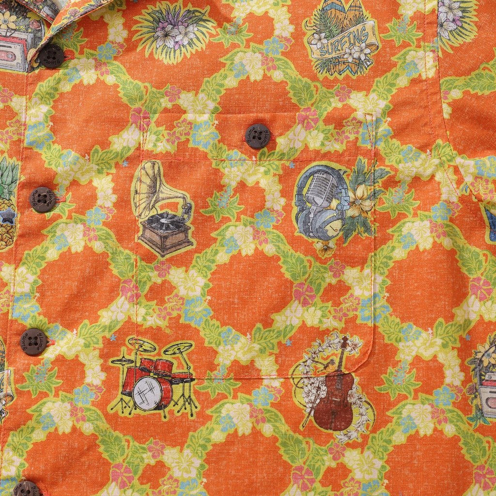 Vintage Tropical Hawaiian Shirt: Music Print Relaxed Fit Cotton