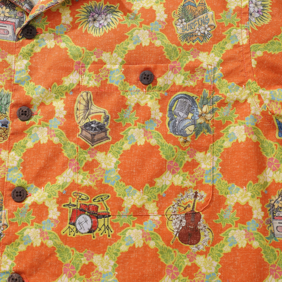 Vintage Tropical Hawaiian Shirt: Music Print Relaxed Fit Cotton