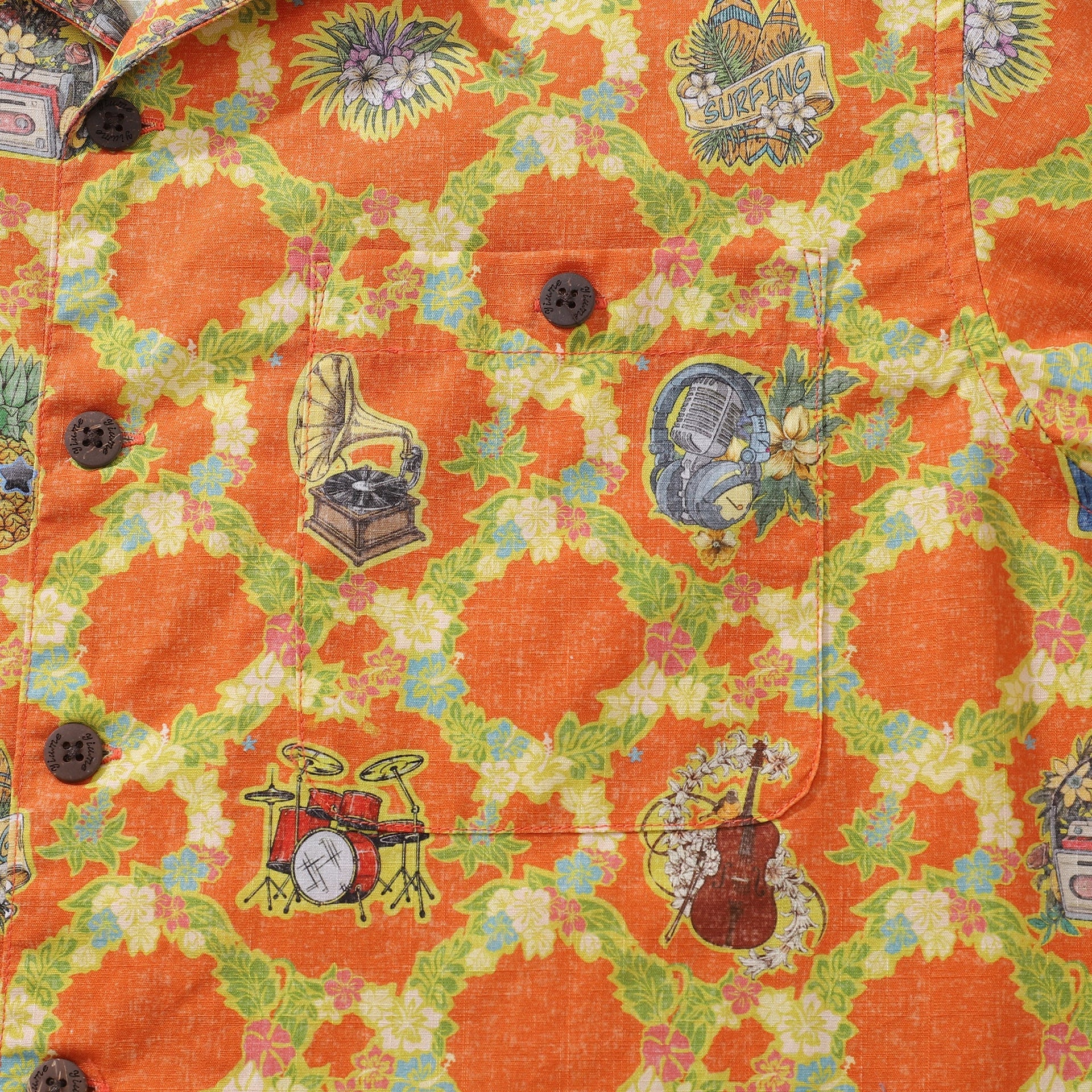 Vintage Tropical Hawaiian Shirt: Music Print Relaxed Fit Cotton