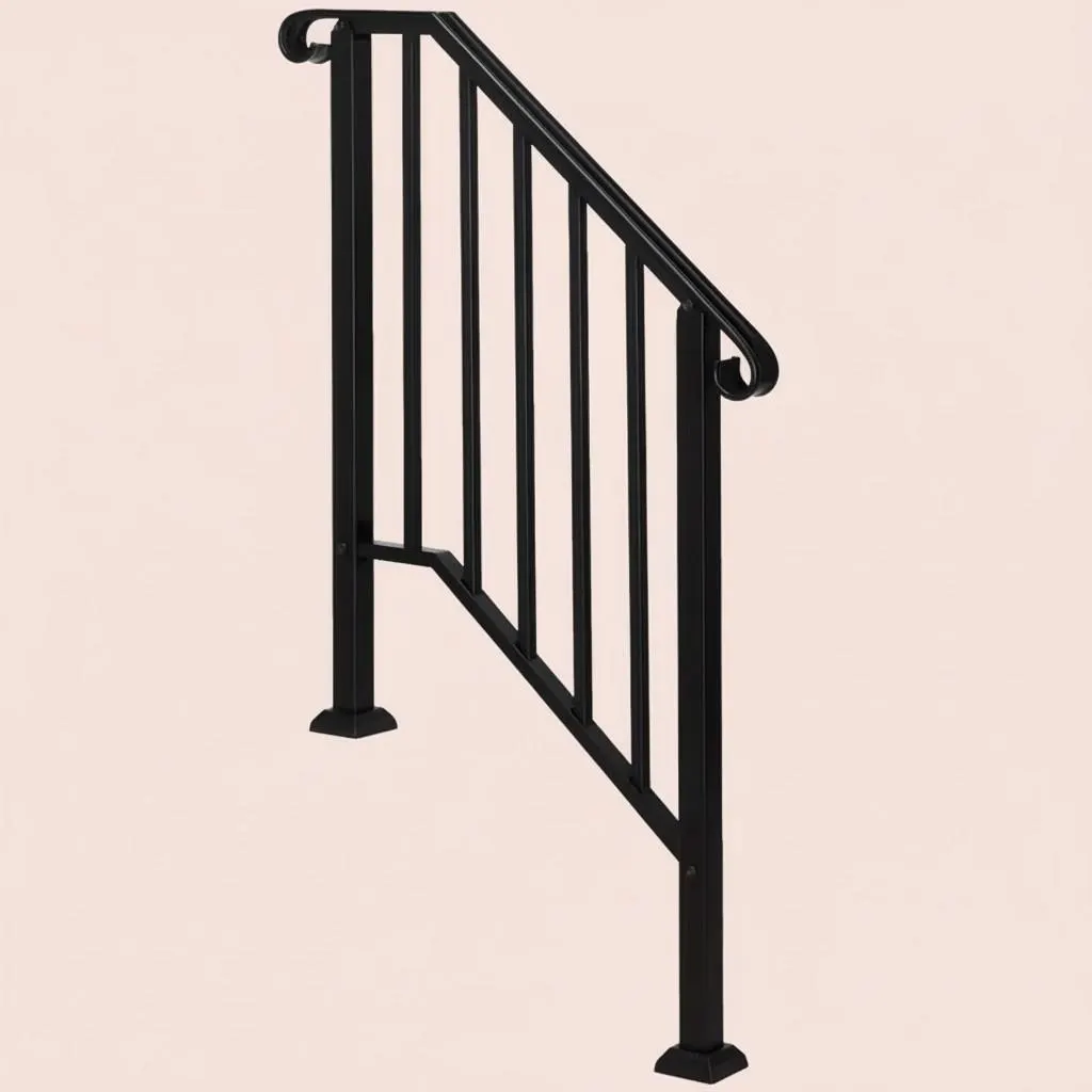 Adjustable Outdoor Stair Handrail for 1–4 Steps, Black Steel Railing
