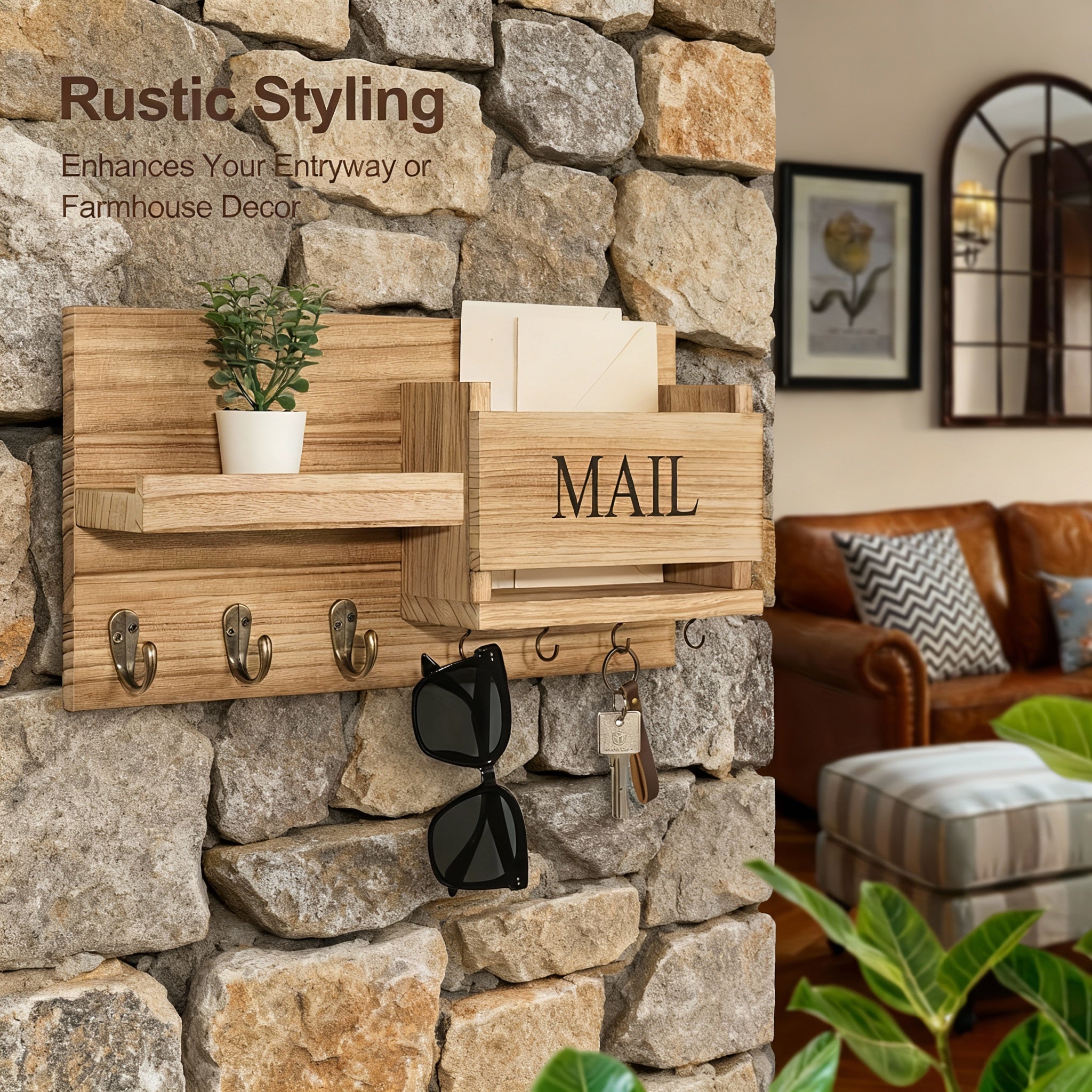 Rustic wooden wall-mounted organizer with mail rack, bronze key hooks, and coat racks