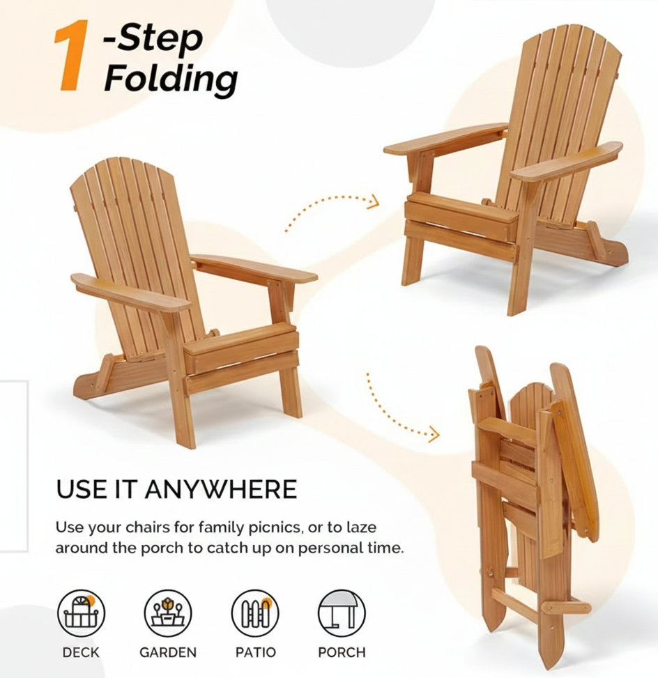 Folding Adirondack Chair - Natural Wood & Espresso Patio Seating
