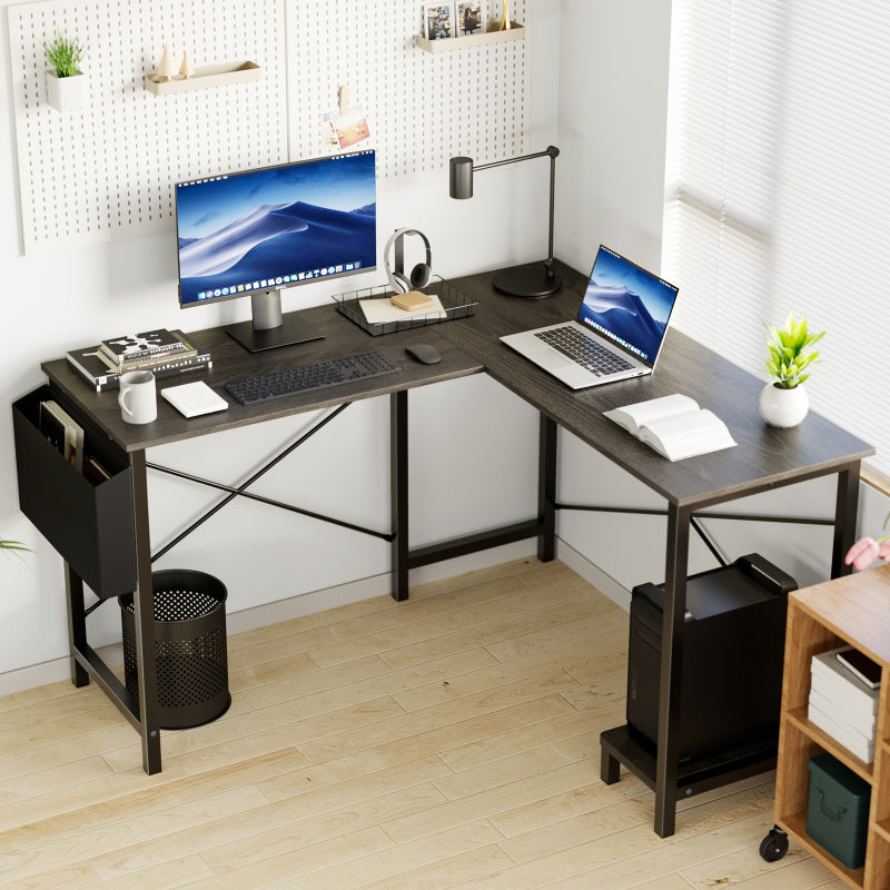 Industrial L-shaped wooden corner computer desk in dark wood grain finish with side storage pocket