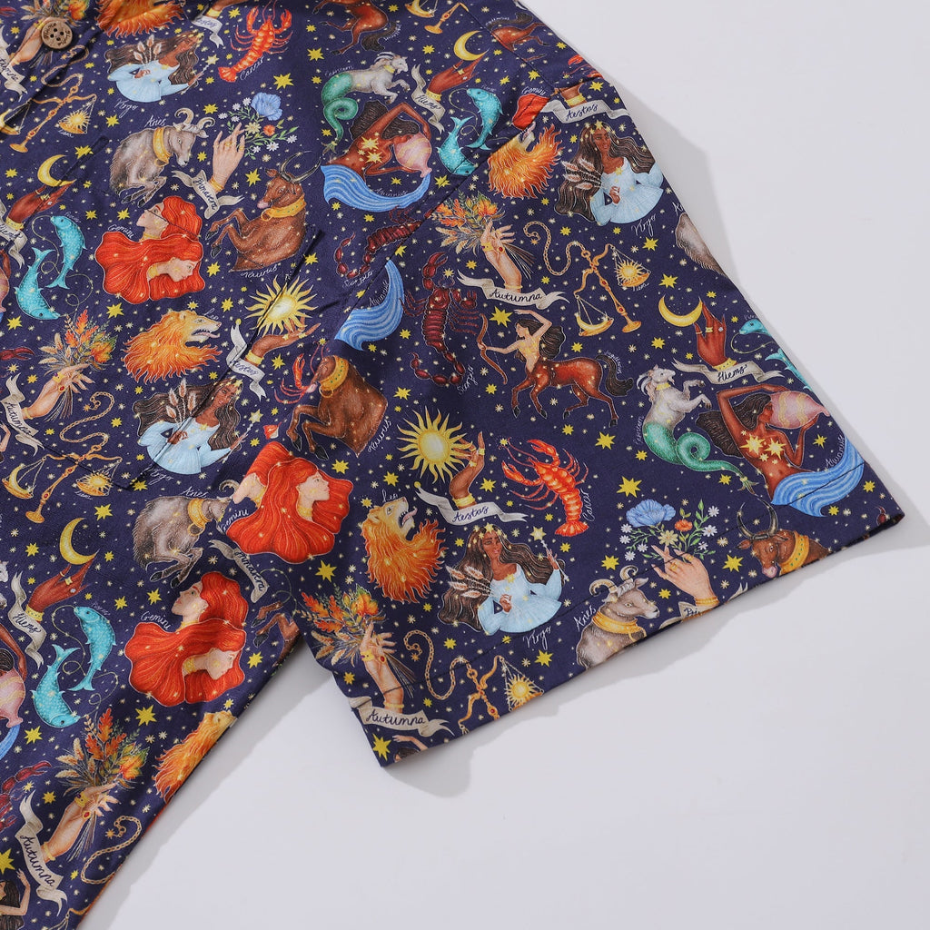 Men's Zodiac Embrace the Seasons Cotton Aloha Shirt Navy Blue