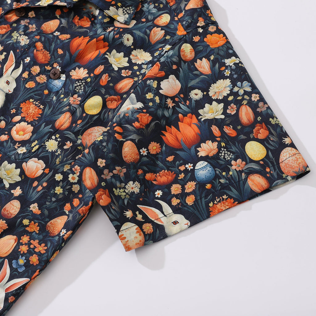 Whimsical Easter Print Cotton Camp Collar Shirt for Men