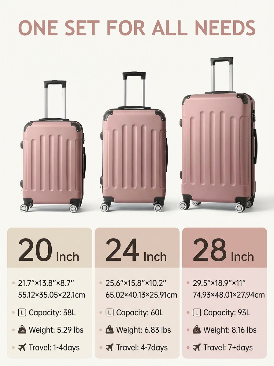 3-Piece Hard Shell Spinner Luggage Set with TSA Lock - 20/24/28 In
