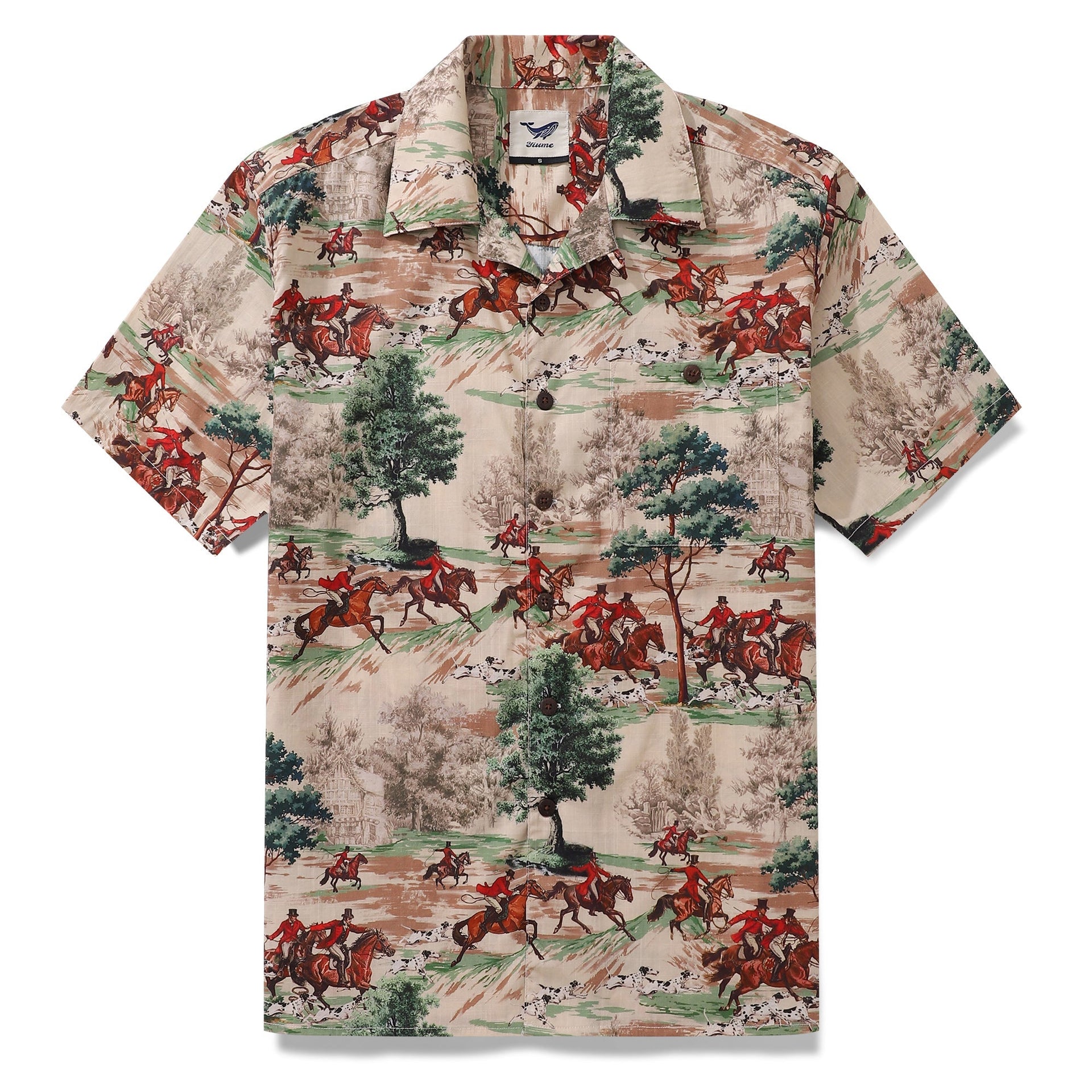 Men's vintage beige shirt featuring an equestrian and hunting scene print.