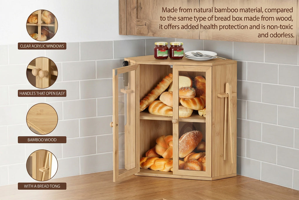 2-Tier Bamboo Bread Box with Clear Doors Kitchen Organizer