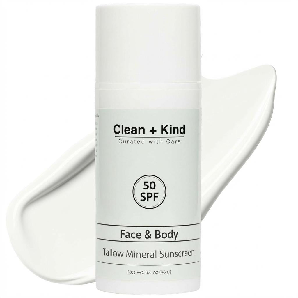Tallow Mineral Sunscreen SPF 50 bottle by Clean + Kind, featuring ingredients list including grass-fed tallow, zinc oxide, and raspberry seed oil.