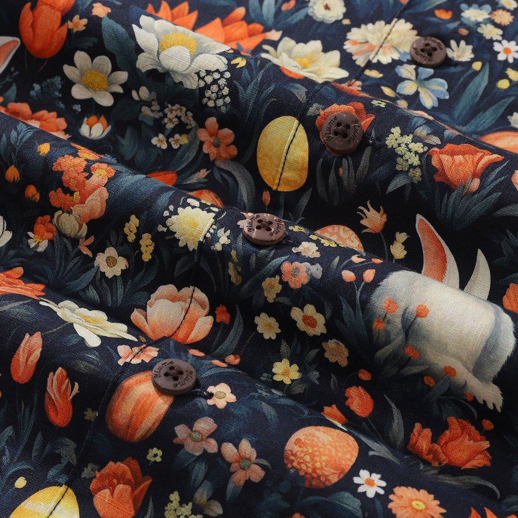 Whimsical Easter Print Cotton Camp Collar Shirt for Men
