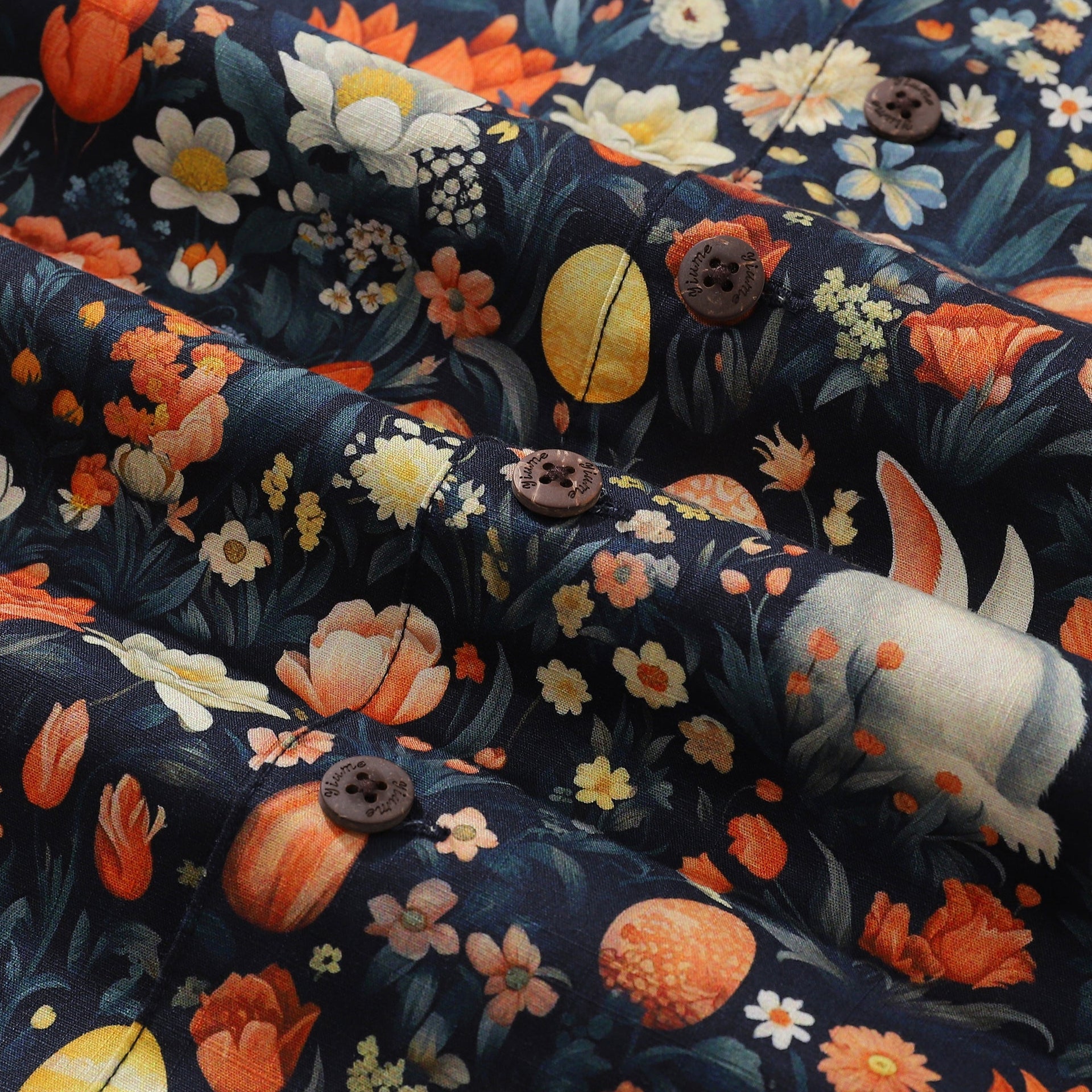 Whimsical Easter Print Cotton Camp Collar Shirt for Men