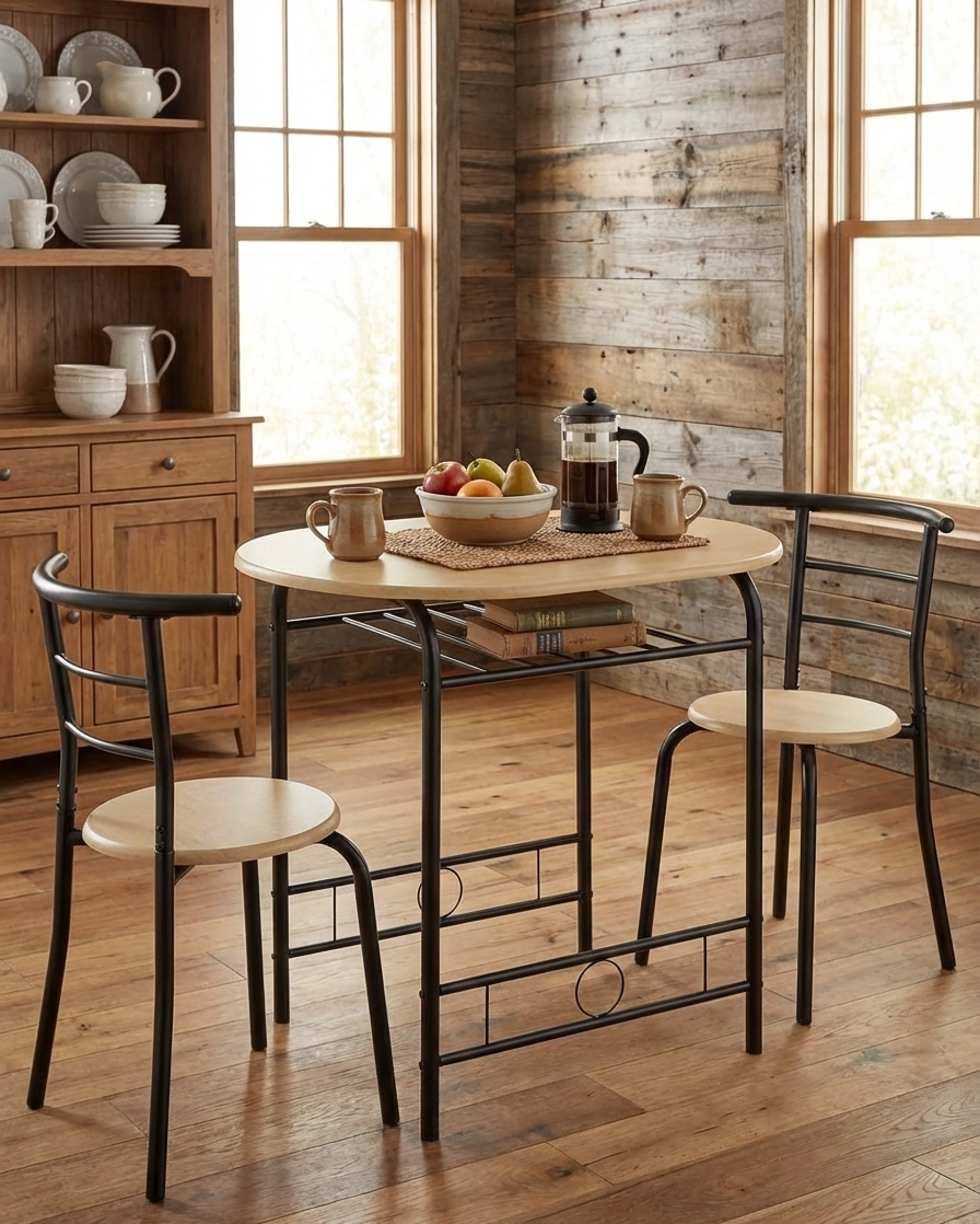 A minimalist 3-piece dining set with a beige wood-top table and two black metal frame chairs in a bright apartment.