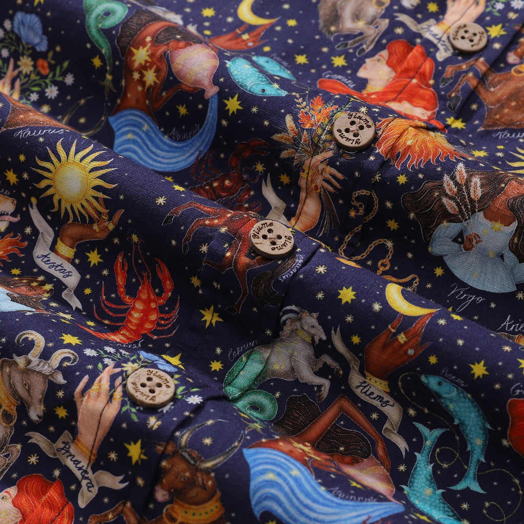 Men's Zodiac Embrace the Seasons Cotton Aloha Shirt Navy Blue