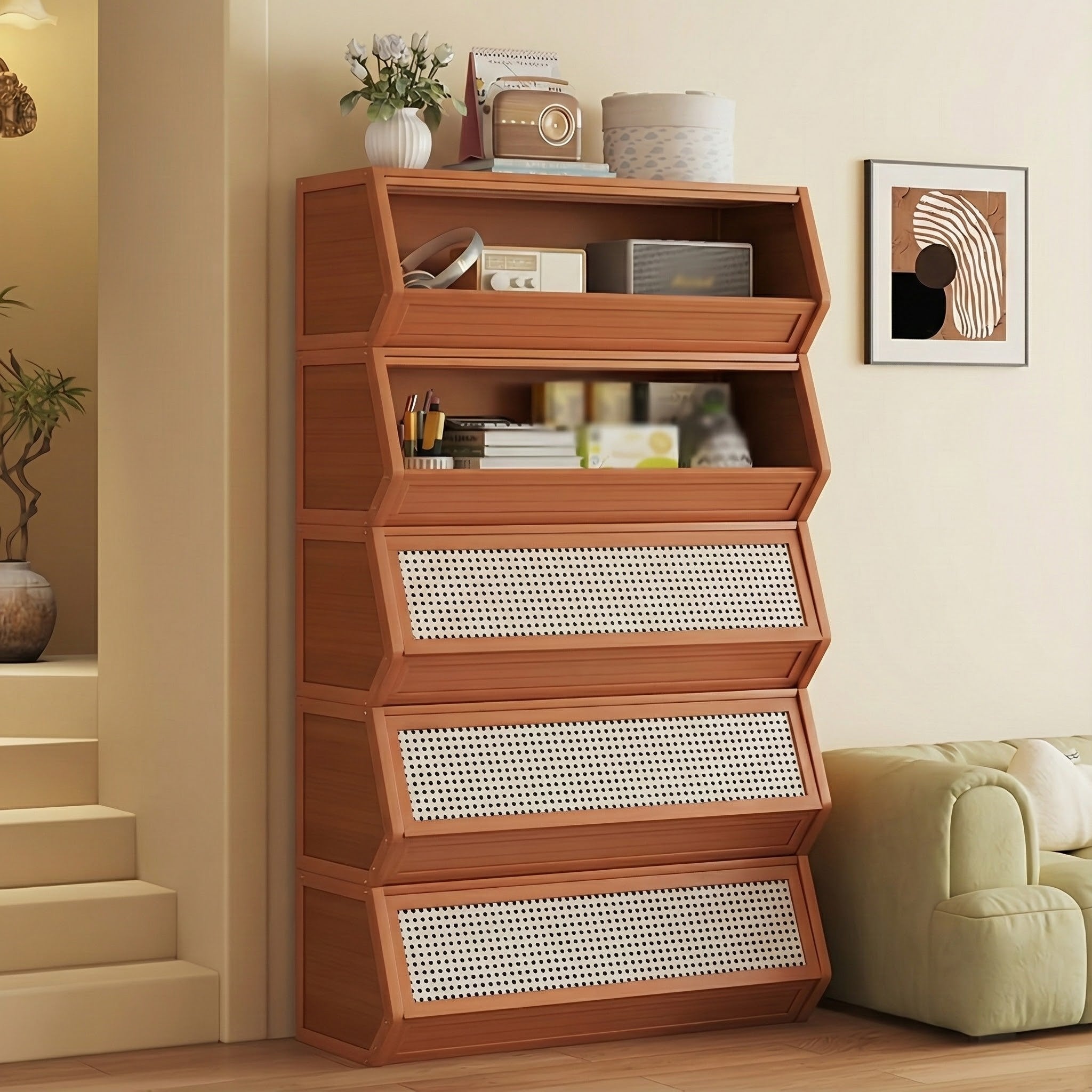 Narrow bamboo shoe cabinet with 3 flip drawers in natural wood and cream finish