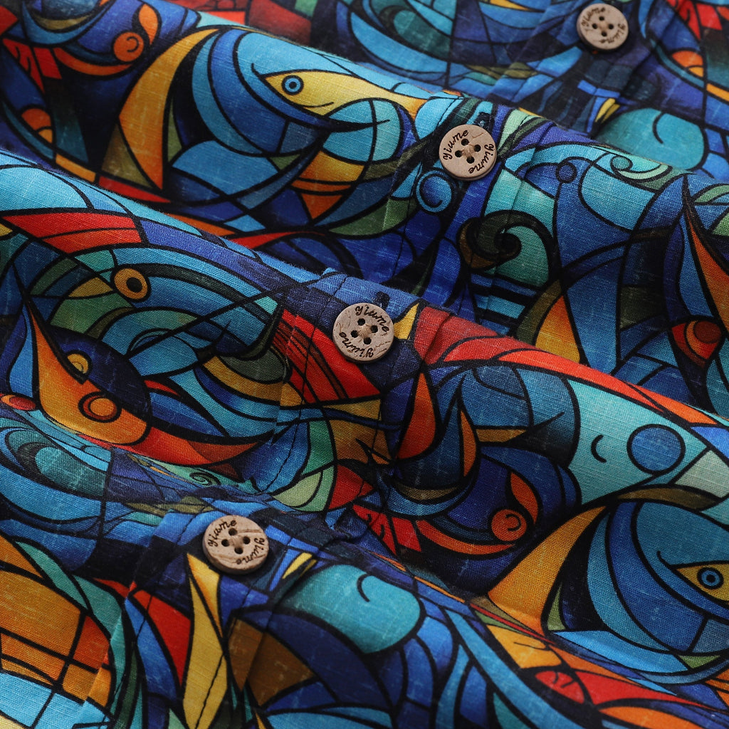 1960s Vintage Men's Cubism Print Cotton Hawaiian Aloha Shirt