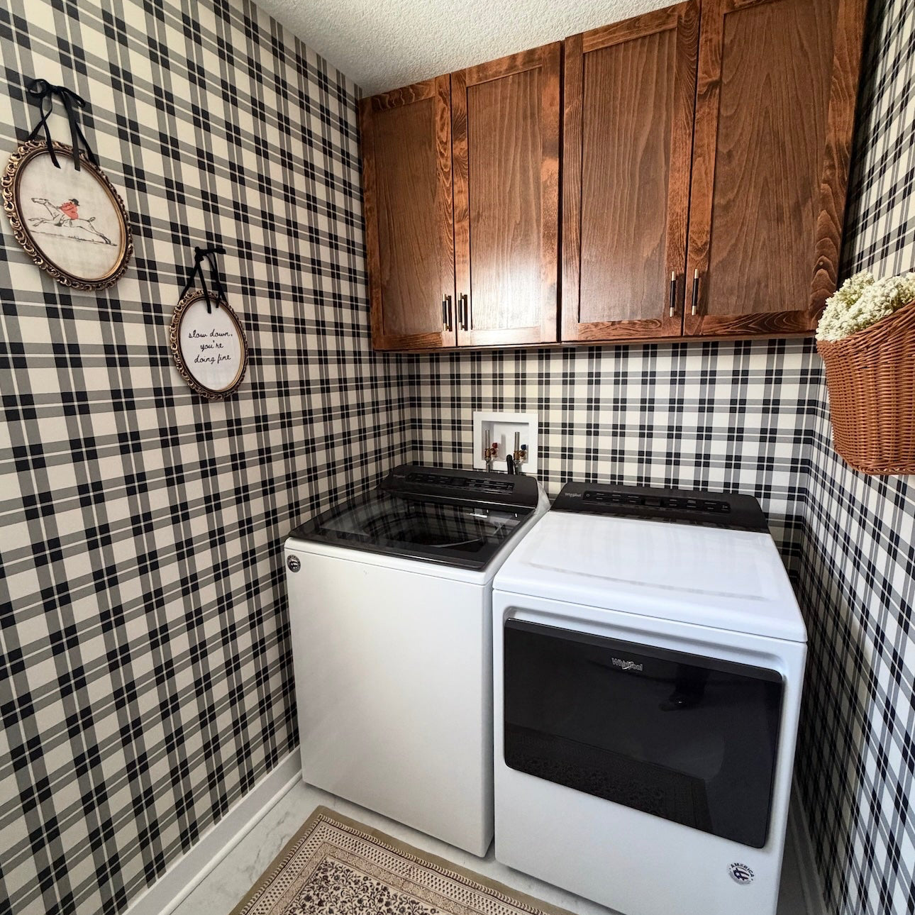 Channing plaid wallpaper in black, white, blue, pink, and beige for traditional farmhouse decor.