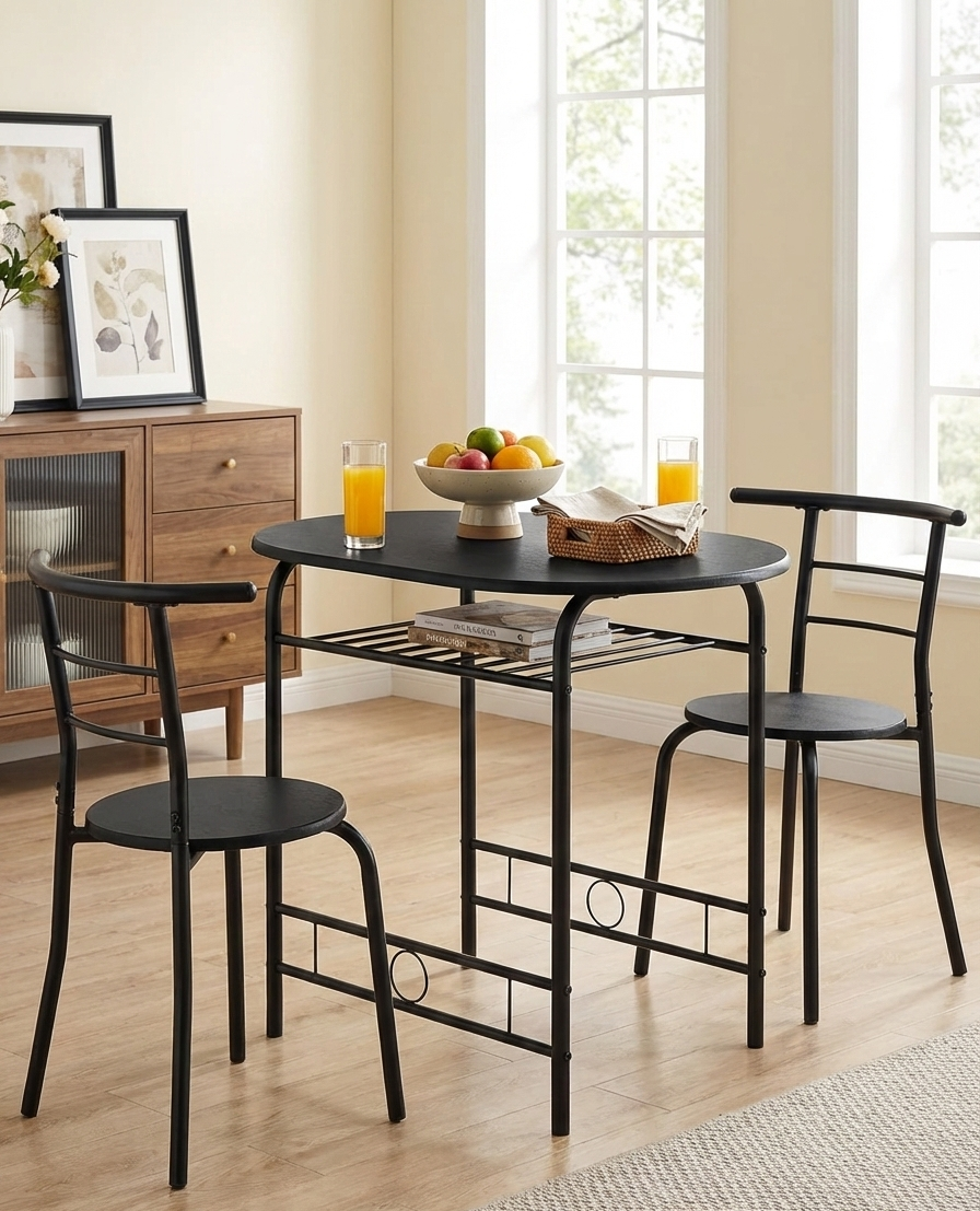 3-Piece Minimalist Dining Set with Wood Table and Metal Chairs