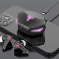 Wireless Bluetooth 5.2 gaming earbuds in black and purple
