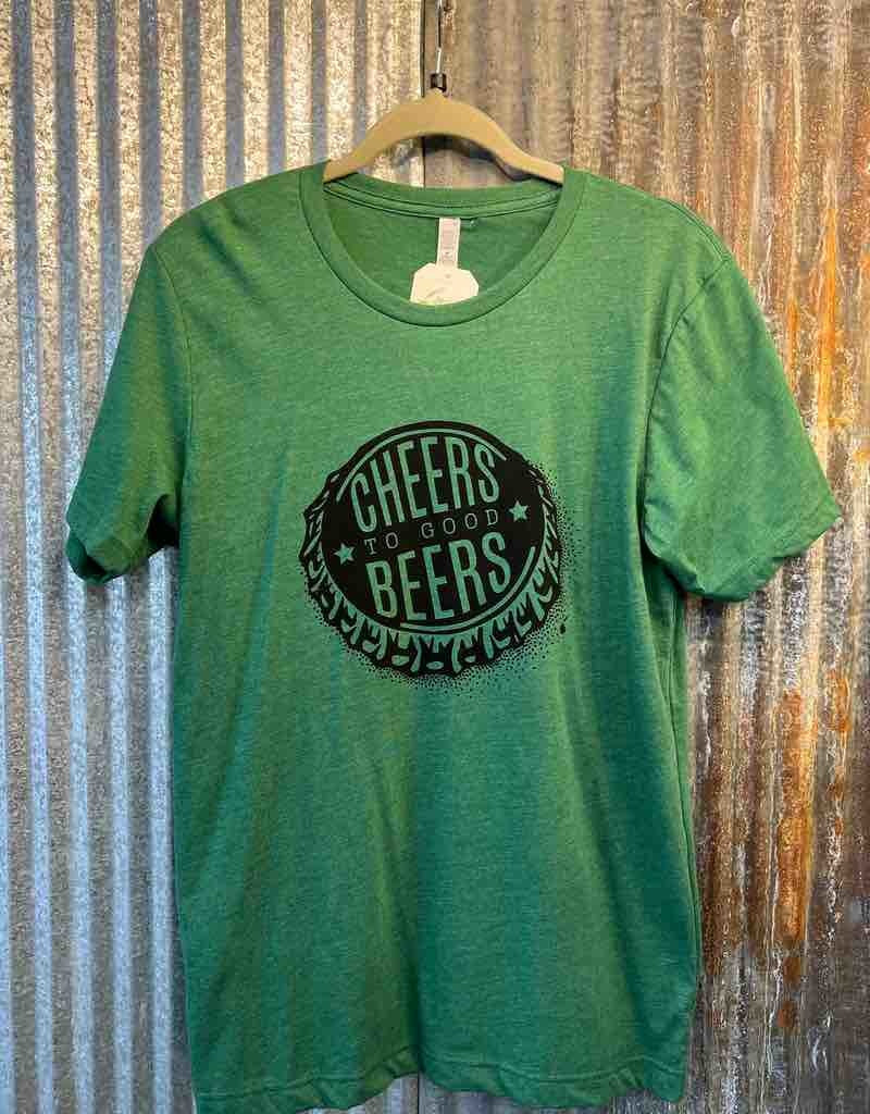 Cheers To Good Beers graphic t-shirt in green on a neutral background