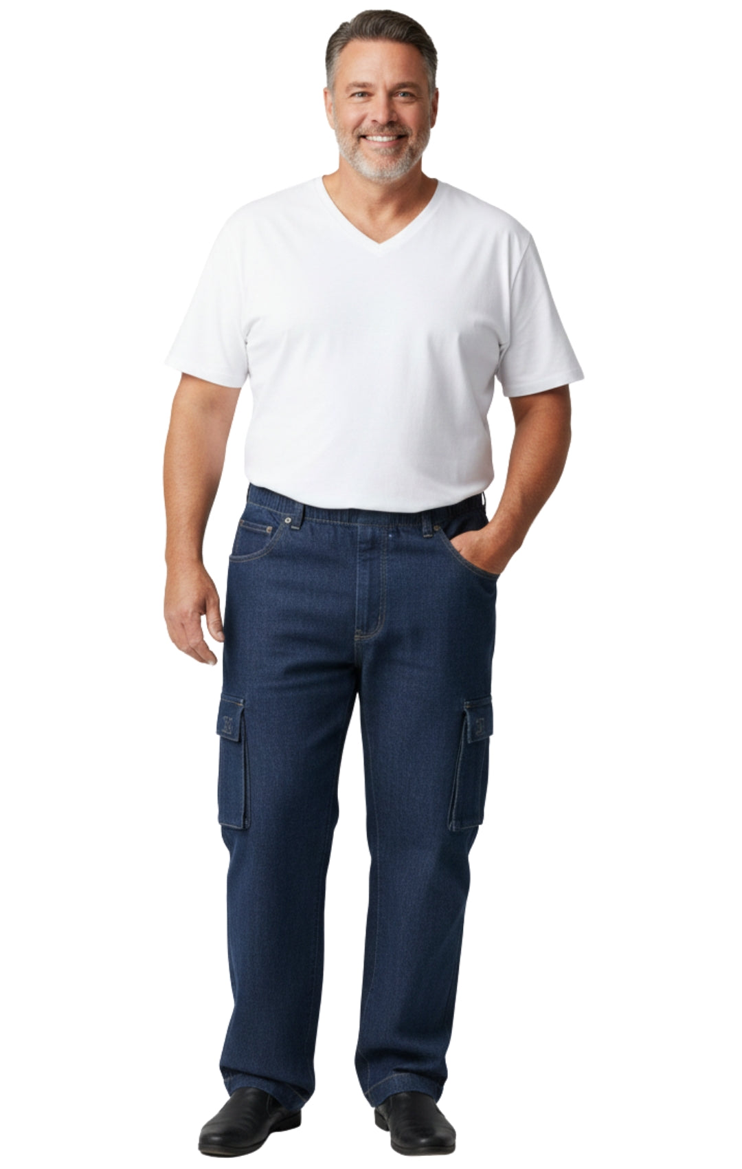 Men's Relaxed Pull-On Denim Cargo Jeans in Medium Blue