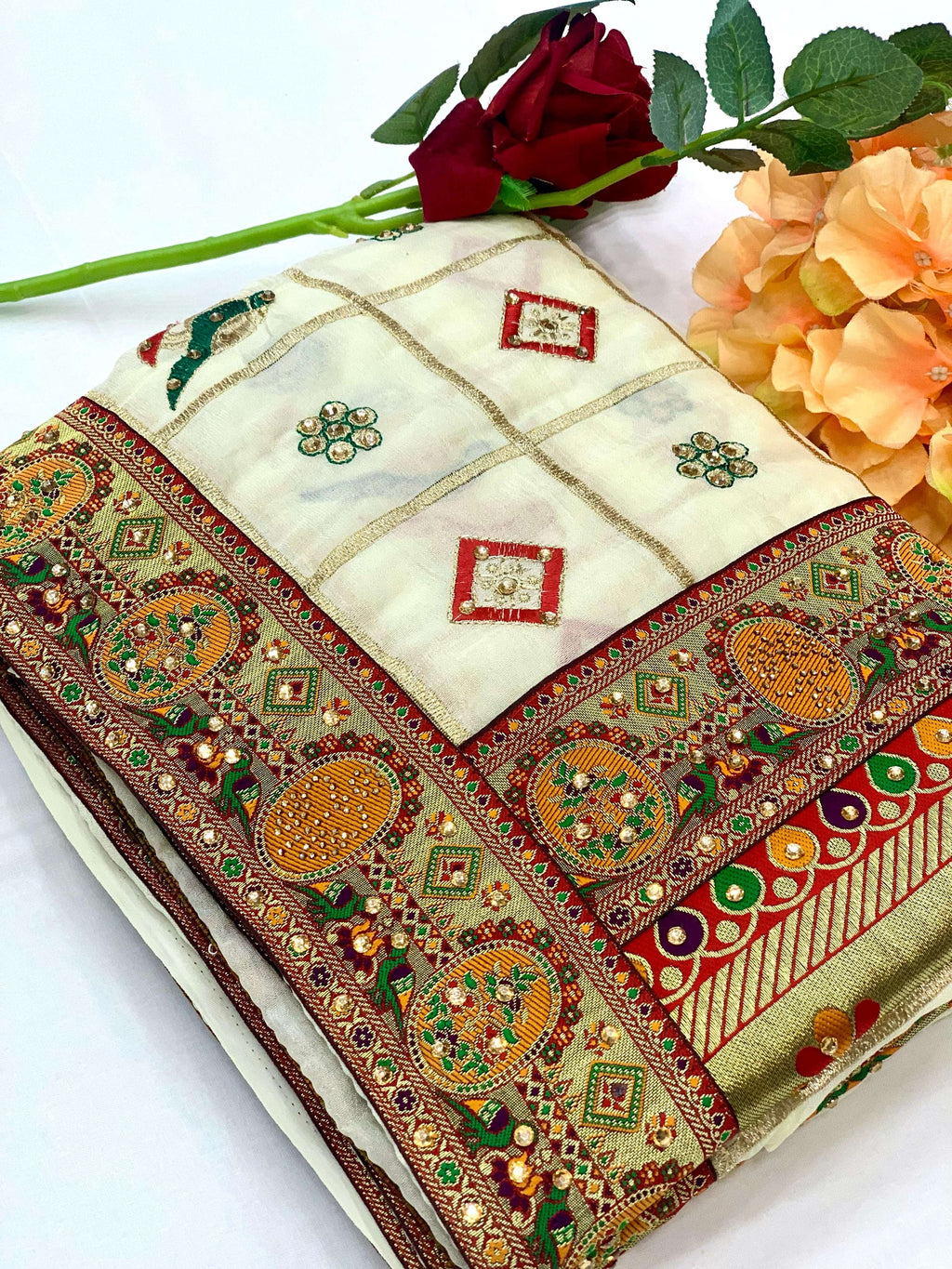 White Vichitra Silk Saree with Embroidery and Diamond Work